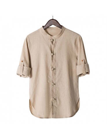 Stand Collar Foldable Sleeve Linen Loose Chinese Style Shirt for Men