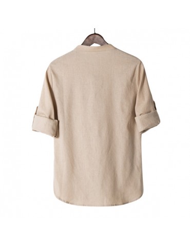 Stand Collar Foldable Sleeve Linen Loose Chinese Style Shirt for Men