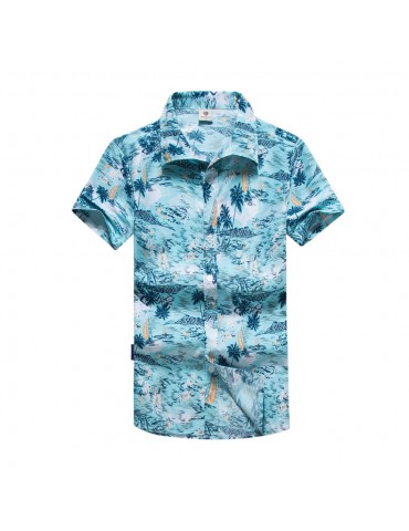 Men Casual Beach Lapel Collar Printing Short Sleeve Hawaiian Shirt