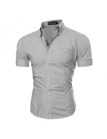 Summer Chest Pocket Solid Color Slim Fit Short Sleeve Shirts For Men