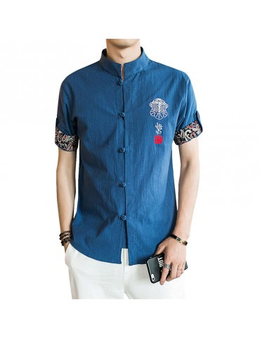 Stand Collar Ethnic Printing Chinese Button Short Sleeves Summer Designer Shirt for Men