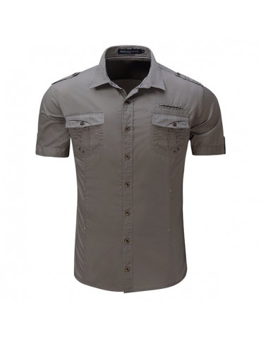 Outdoor Washed Sports Cargo Band Collar Dress Shirts for Men