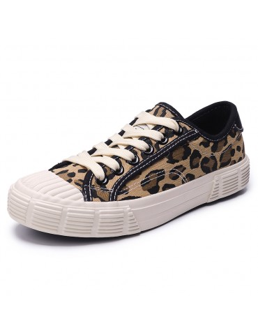 Women Ladies Casual Leopard Canvas Lace Up Flat Sneakers