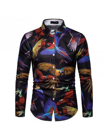 Men's Printing Fitness Cotton Turn Down Collor Botton Long Sleeve Shirt