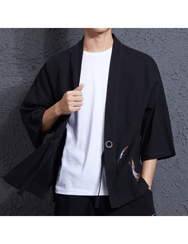 Cotton Embroidered Hanfu Three Quarter Sleeve Sunscreen Shirts for Men