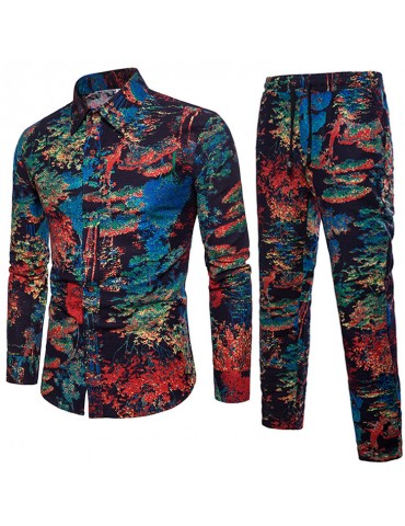 Linen Chinese Style Ethnic Printing Beach Shirt Pant Suit for Men