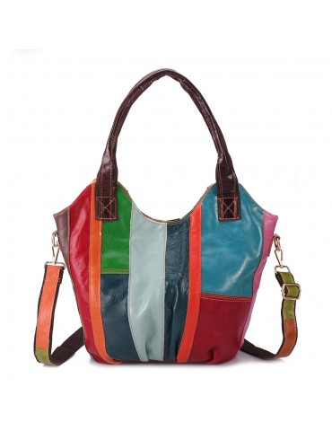 Women Oil Wax Genuine Leather Hobos Handbags Large Capacity Patchwork Bohemian Crossbody Bags