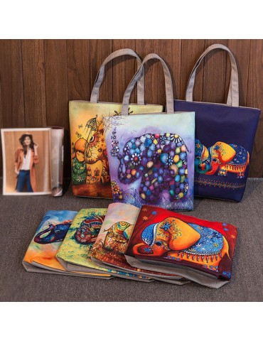 Women Canvas Elephant Print Shoulder Bag Casual Tote Bag