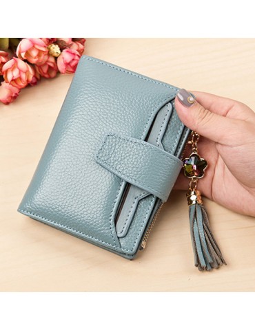 Multi-Slots Tassel Genuine Leather Short Wallet Credit Card Holder Purse For Women