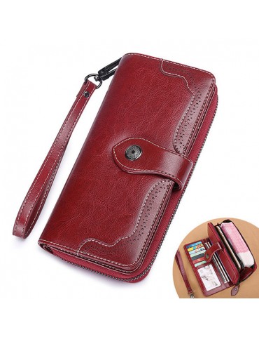 Women Bifold Oil Wax Genuine Leather Long Wallet 10 Card Slot Phone Purse Vintage Coin Bag