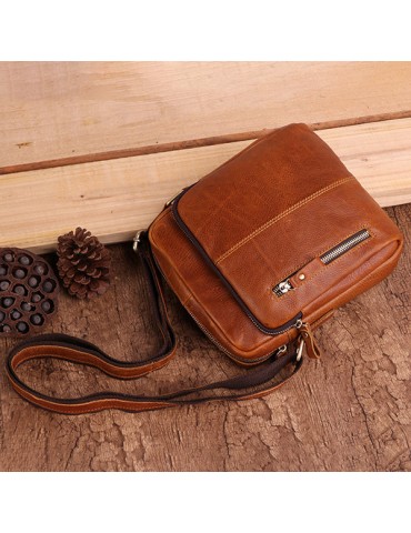 Men Vintage Genuine Leather Solid Crossbody Bag Shoulder Bag