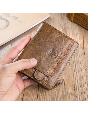 Bullcaptain Vintage Cowhide Short Wallets Zipper Card Holder Coin Purse