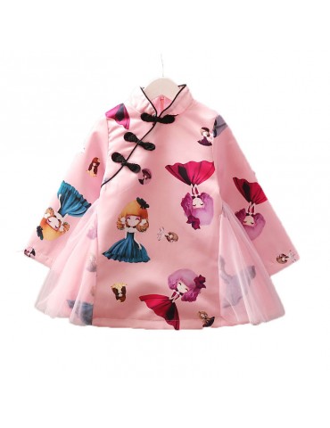 Vintage Chinese Style Toddler Girls Printed Dress For 2-7Y