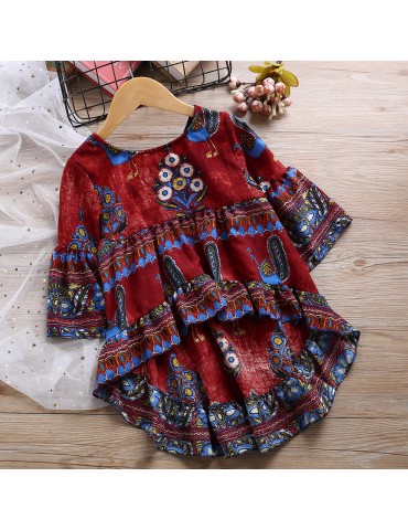 Peacock Pattern Girls Flared Long Sleeve Asymmetrical Princess Dress For 2Y-11Y