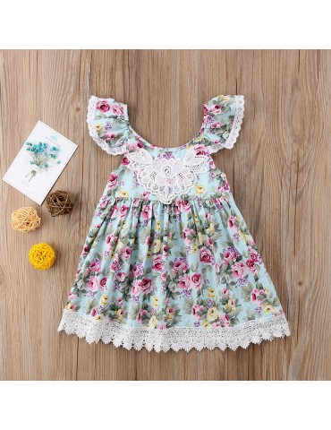 Flower Printed Toddlers Girls Kids Sleeveless Summer Lace Backless Dresses