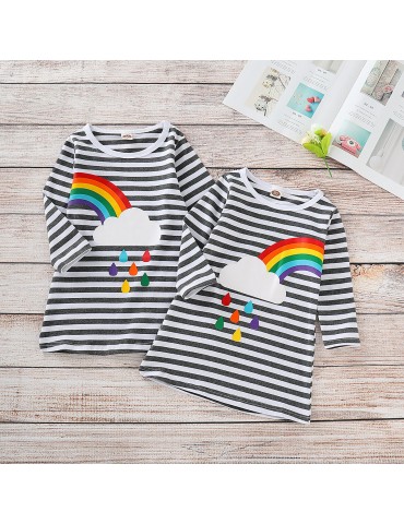 Rainbow Print Girls O-Neck Striped Dress For 2Y-11Y