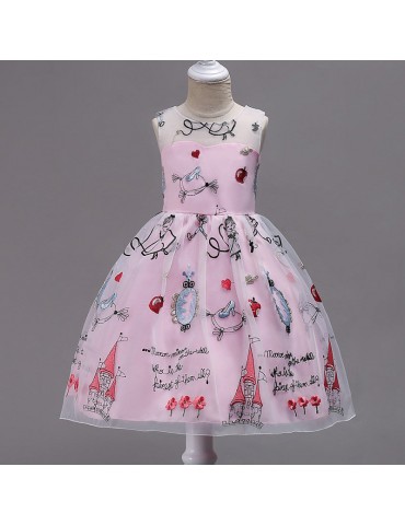 Embroidery Pattern Girls Bowknot Sleeveless Party Princess Dress For 4Y-15Y