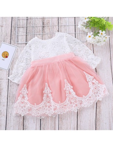 Bow-Knot Patch Girls Long Sleeve Lace Dress For 1Y-7Y