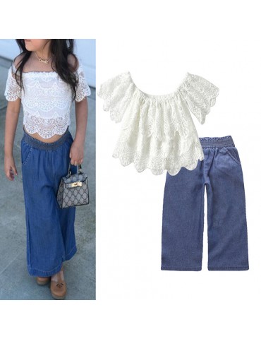 Girls Sets Off Shoulder Lace Tops + Denim Pants For 2-9 Years