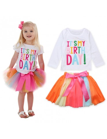 2Pcs Toddlers Girls Colorful Letter Tops Shirt+Lace Skirt Kids Birthday Outfits Set For 1Y-9Y