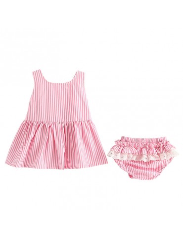 Pink/Blue Striped Baby Girls Summer Dresses Set For 1Y-5Y