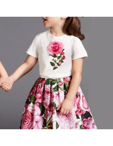 Floral Print Girls Tops + Short Skirt Sets For 4-13Years