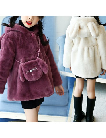 2Pcs Cute Ears Fleece Girls Kids Hooded Coats + Crossbody Bag For 2Y-11Y