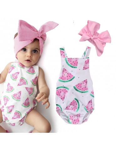 Baby Girls Watermelons Print Backless Ruffle Bodysuit With Headband