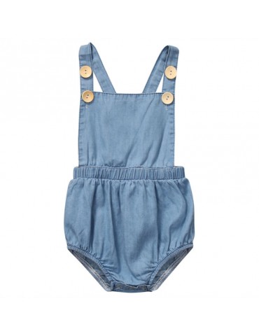 Solid Color Baby Girls Denim Backless Romper For 0-24M