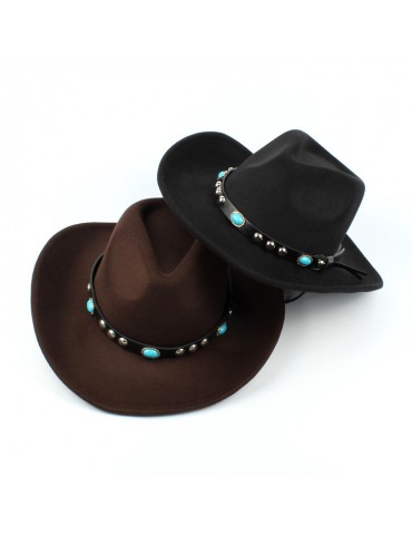 Mens Women Woolen Western Cowboy Hat Vintage Wide Brim Cowgirl Jazz Cap Horse Riding Hat