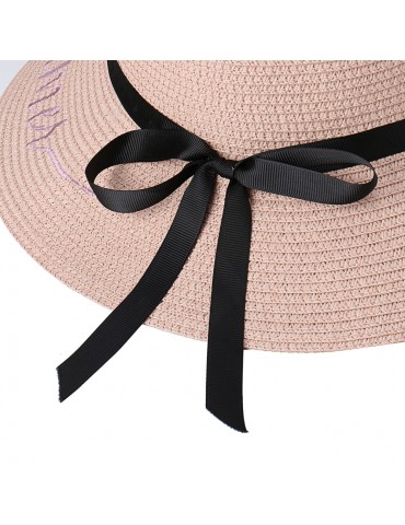 Women Bow Foldable Sunscreen Bucket Straw Hat Outdoor Casual Travel Beach Sea Hat