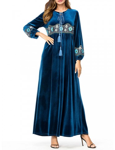 Velvet Embroidery Long Sleeve Navy Muslim Long Dress