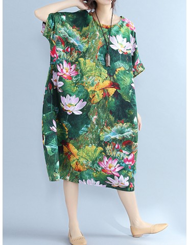 Vintage Lotus Print Loose Half Sleeve O-neck Women Mid-long Dress