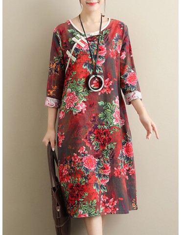 Loose Floral Print Frog Button Long Sleeve Vintage Dresses